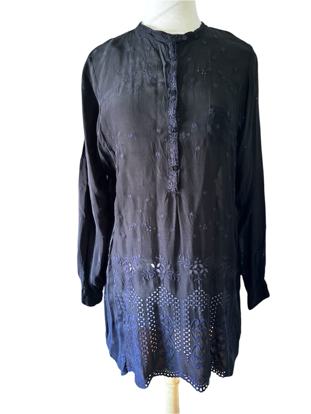 Johnny Was Black Embroidered Tunic Floral Rosettes Mandarin Collar Boho Large